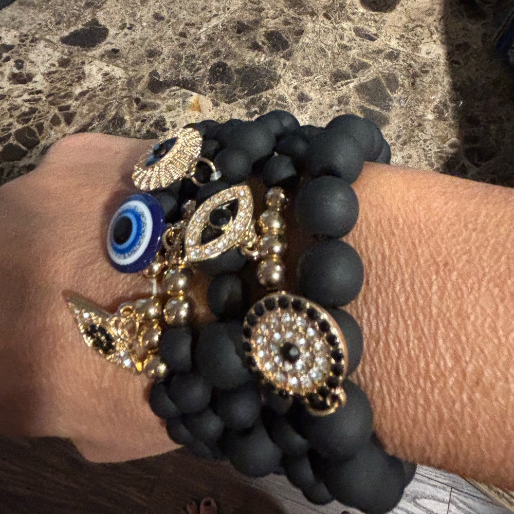 Evil Eye Black Beaded Bracelet Stack - image 1